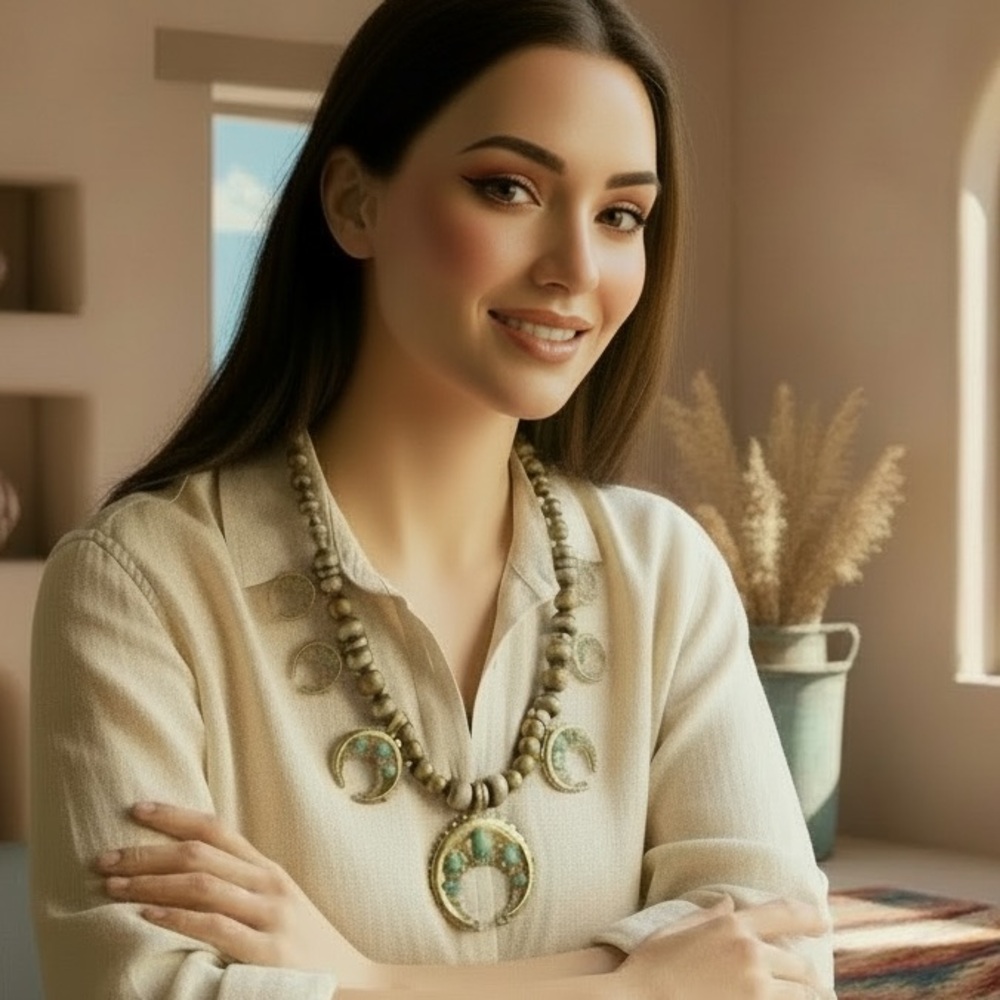 Carolyn Pollack Brass & Sterling Silver Navajo Pearls Squash Blossom Necklace - Picture 2 of 15